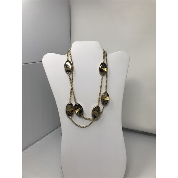 CHICO'S Necklace Animal Print Faux Fur Oval Beads Gold Tone Brown LONG Strand - Picture 8 of 11